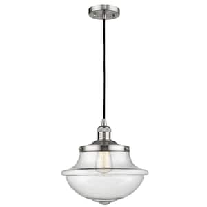 Oxford 1-Light Brushed Satin Nickel Schoolhouse Pendant Light with Seedy Glass Shade