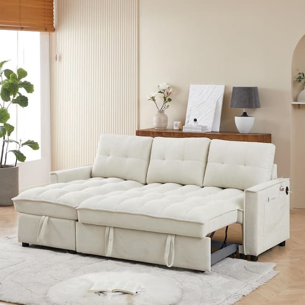 71.30 in. Chenille L-Shaped Reclining Sectional Sofa in Beige, Pull-Out Sofa Bed with Hidden Storage