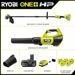 ONE+ HP 18V Brushless Cordless Battery 15 in. String Trimmer, 510 CFM Blower & 0.080 in. Line w/4.0 Ah Battery & Charger