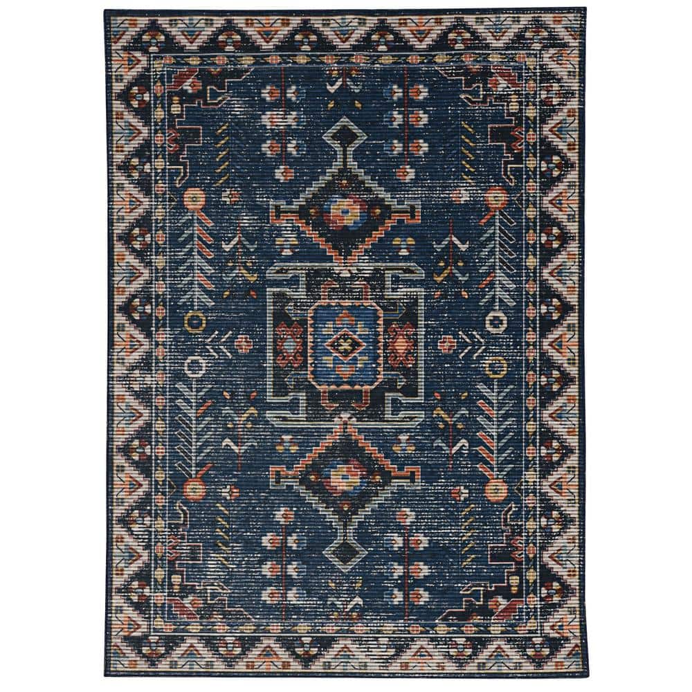 Washable Landon Teal and Ivory 2 ft. x 3 ft. Distressed Polyester Area Rug