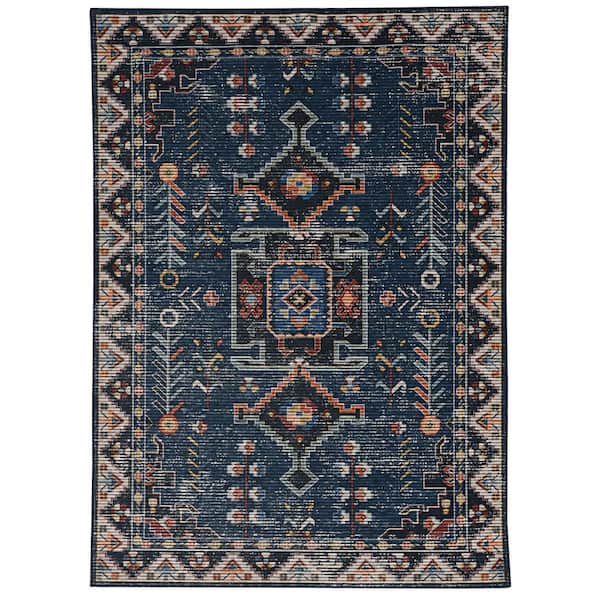 Washable Landon Teal and Ivory 2 ft. x 3 ft. Distressed Polyester Area Rug
