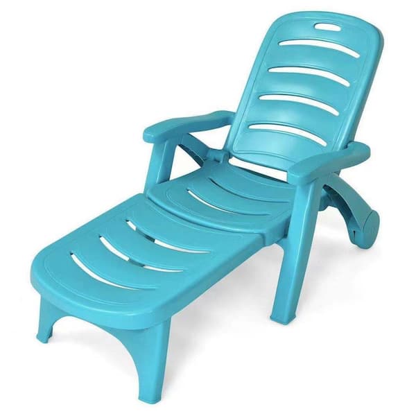 Unbranded Plastic 5-Position Adjustable Outdoor Chaise Lounge Folding Lounger Chaise with Wheels in Turquoise
