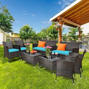 8-Pieces Rattan Patio Conversation Furniture Set Outdoor with Turquoise Cushion