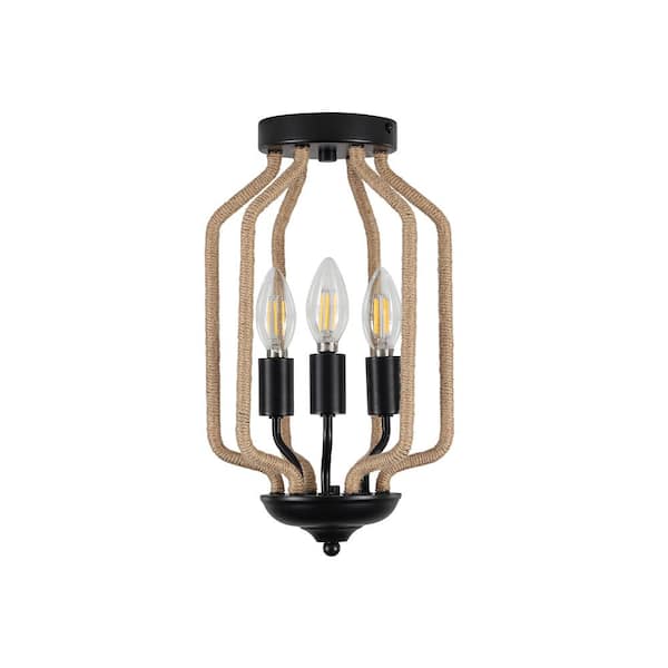 Industrial 8.7 in. 3-light Farmhouse Black Lantern Flush Mount with Woven Decoration