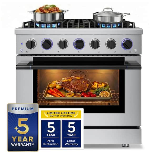 HausPro 36 in. 6-Burners Gas Range in Stainless Steel with 20,000 BTU and Convection Oven w/5-Rack Positions Matte Black