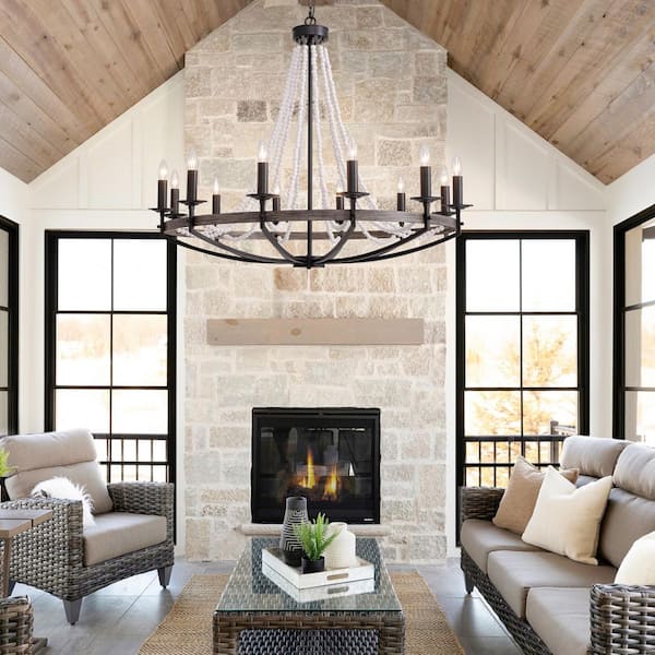 40 in. Farmhouse Black 12-Light Candlestick Vintage Circle Iron Wagon Wheel Chandelier for Dining Room Living Room