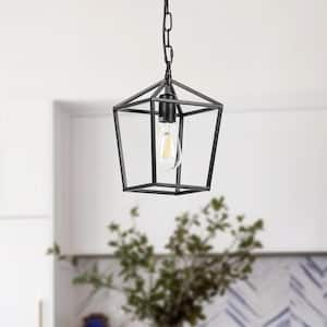 1-Light 60-Watt Industrial Lantern Black Mini Pendant Light with Clear Glass Shade