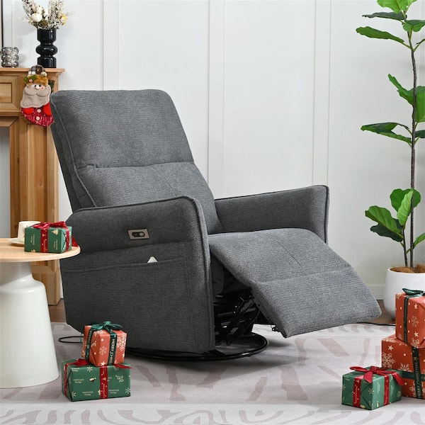 Dark Gray Polyester 270° Power Rocking Swivel Glider RV Recliner Chair with USB Ports, Side Pockets