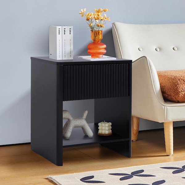 ATHMILE Black Wooden Fluted 1-Drawer Nightstand /End Table (17.71 in. W x 15.74 in. D x 21.65 in. H)