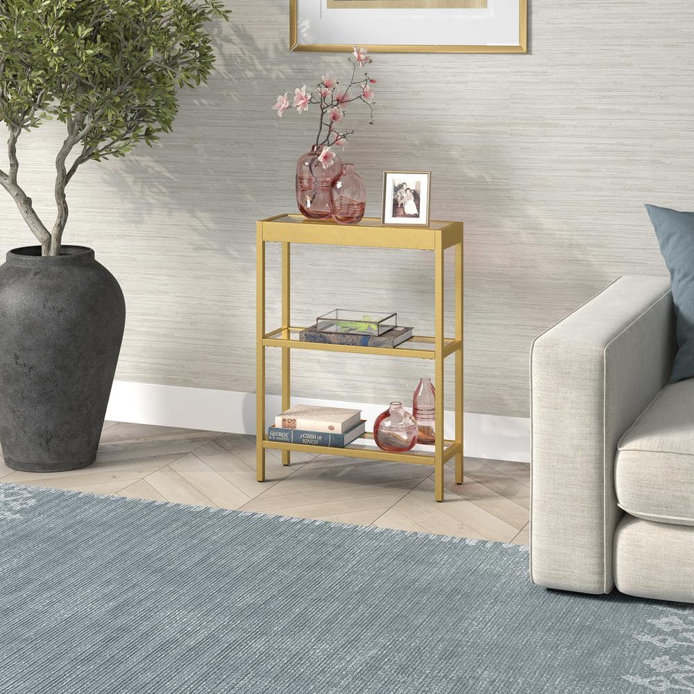 Gold Steel and Glass Rectangular Console Table with Storage