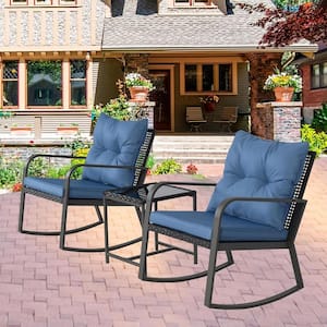 3-Piece Metal Outdoor Bistro Set Patio Rocking Chair with Cushions for Yard Garden Poolside (Blue)