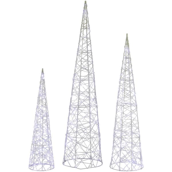 LED Lighted Twinkle Outdoor Cone Artificial Christmas Trees-39.5 in. -Silver-(Set of 3)