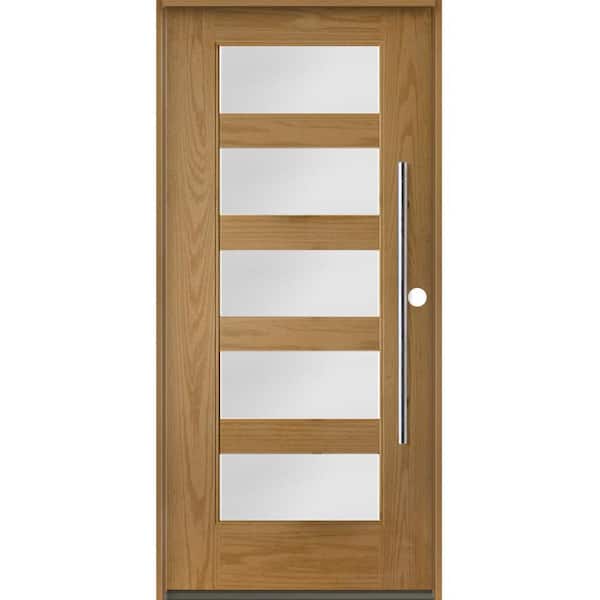 Krosswood Doors Modern Faux Pivot 36 in. x 80 in. 5 Lite Left-Hand/Inswing Satin Glass Bourbon Stain Fiberglass Prehung Front Door