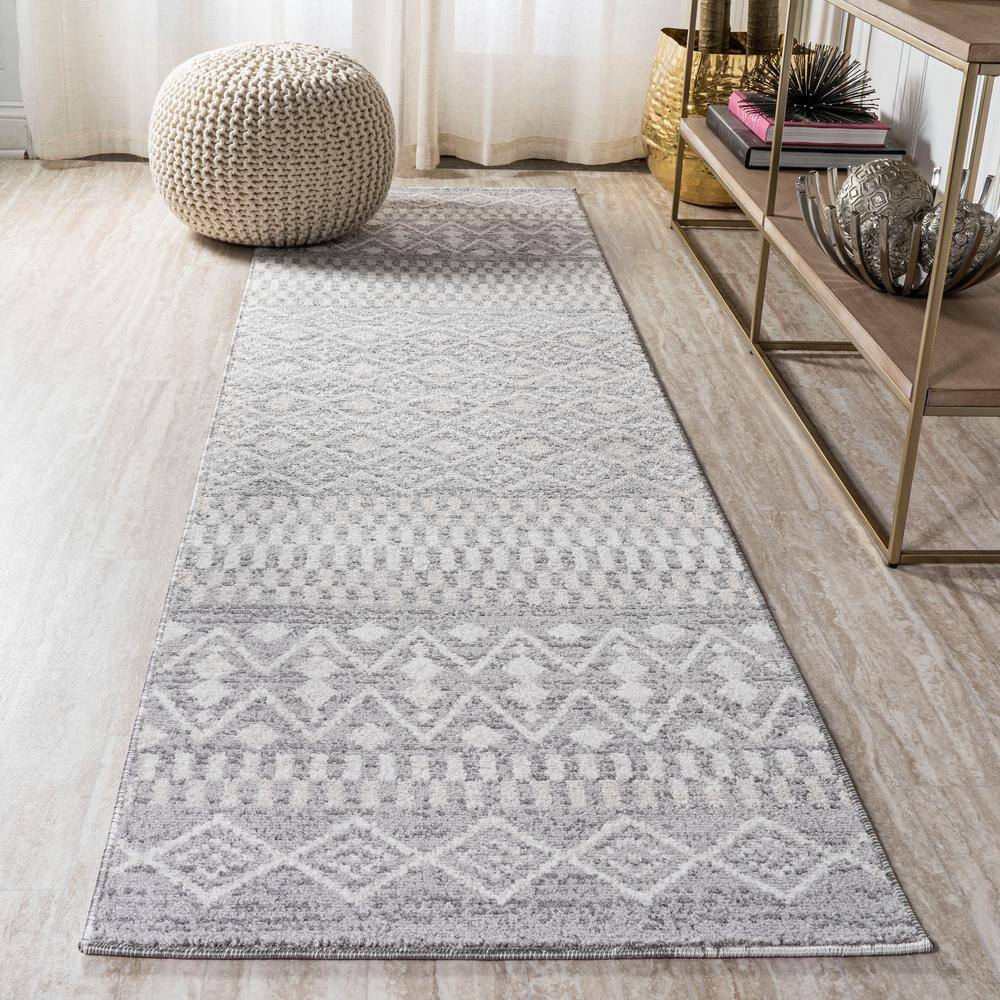 Gray and Cream Geometric Stripe Synthetic Runner Rug, 2 x 8