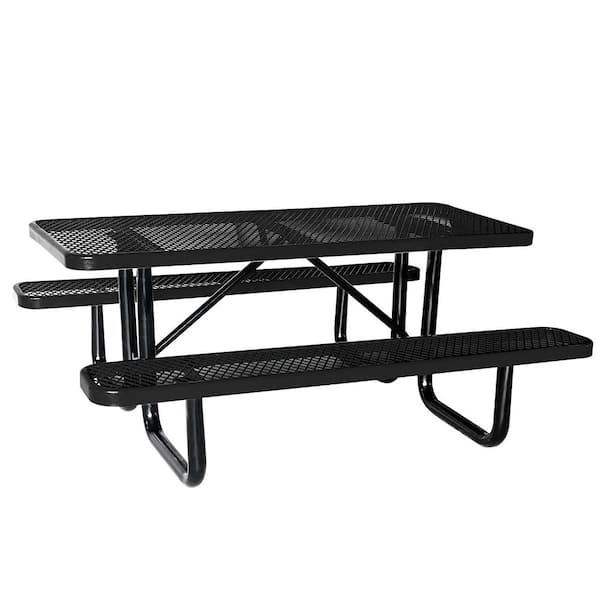 AUTMOON 72 in. Rectangle Steel Picnic Table for Outdoor, Patio Furniture Set with Umbrella Hole, Black