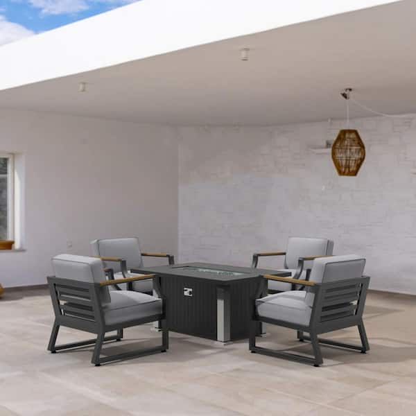 moda furnishings Cassiel Black 5-Piece Aluminum Patio Fire Pit Conversation Set with Gray Cushions