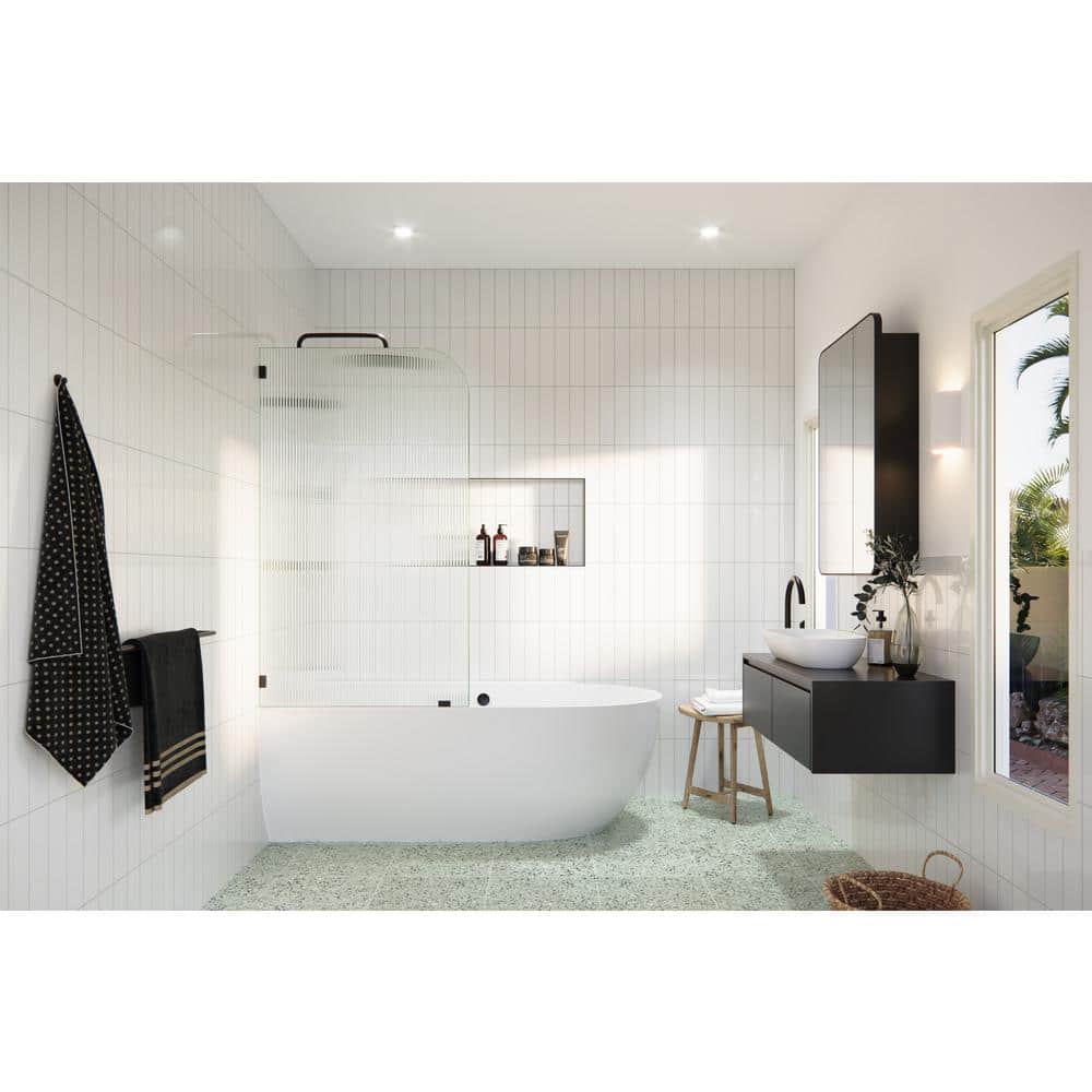 Aurora 58.25 in. Frameless Fluted Glass Bath Panel with Oil Rubbed Bronze Hardware