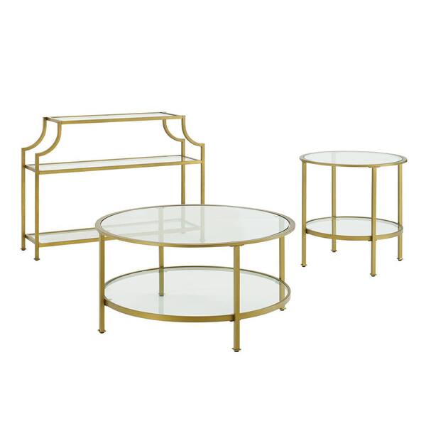 Crosley Furniture Aimee 3 Piece Gold Round Glass Coffee Table Set With Shelf Kf13019gl The Home Depot