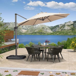 10 ft. Octagon Aluminum Outdoor Patio Cantilever Umbrella Offset 360° Rotation Umbrella with Base, Beige