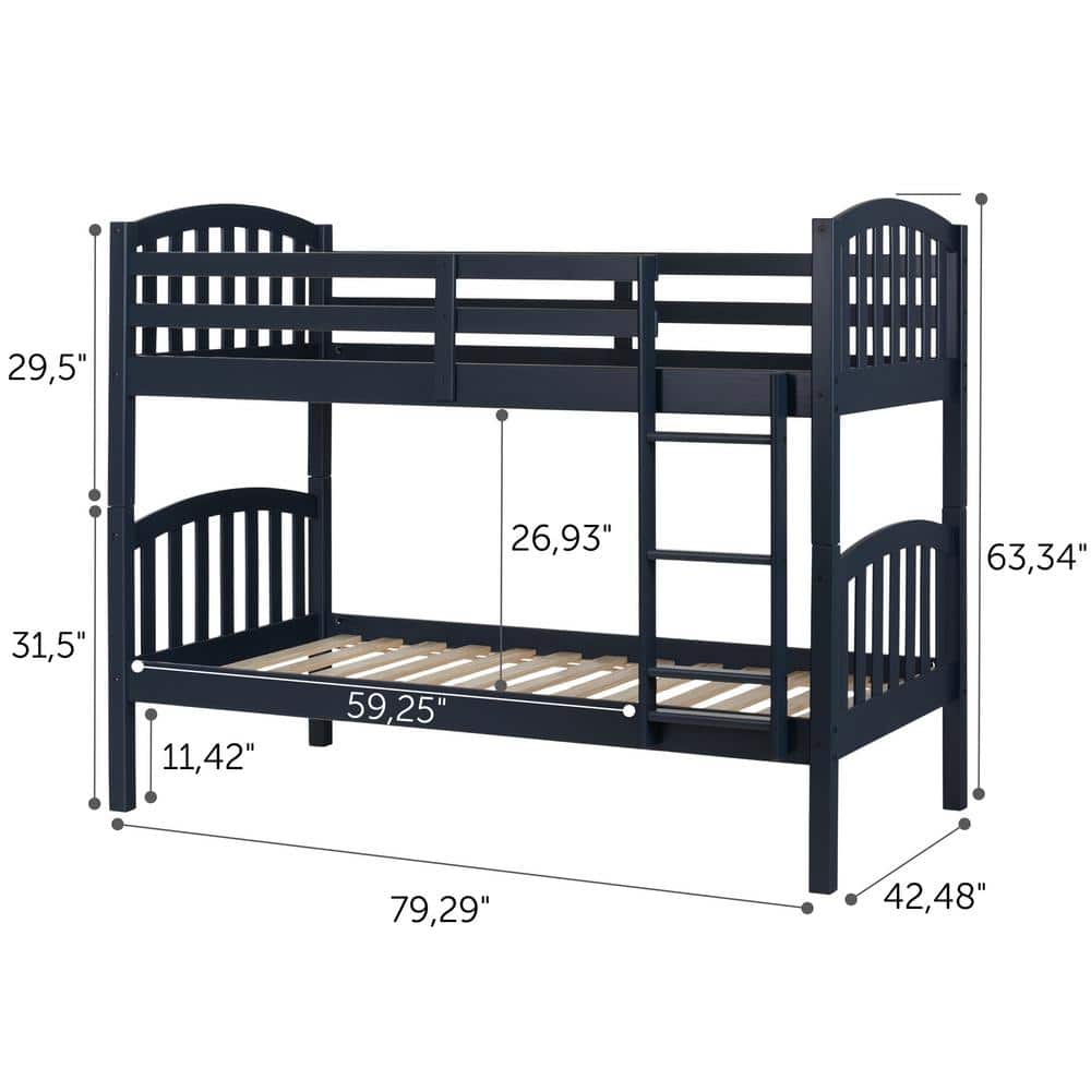Navy Blue Twin Pine Wood Bunk Bed with Drawers