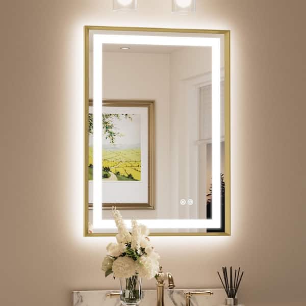 22 in. W x 30 in. H Rectangular Framed LED Anti-Fog Wall Bathroom Vanity Mirror in Gold with Backlit and Frontlit