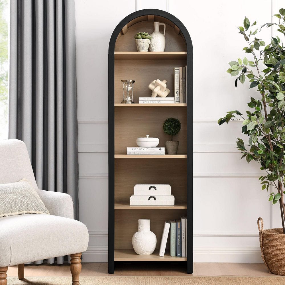 Evie Tall Black Oak Arched 5-Shelf Bookcase