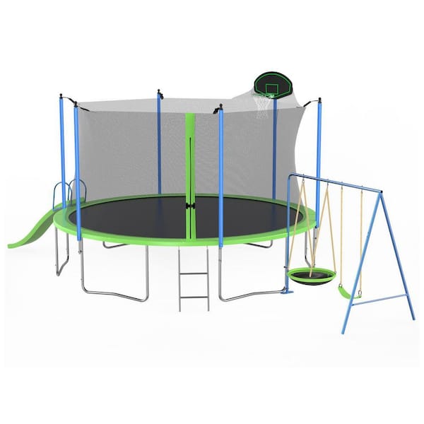 Anky 12 ft. Green Metal Trampolines with Slide and Swings, Basketball Hoop, Ladder, Net, Capacity for Kids and Adults