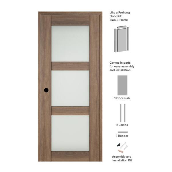 Belldinni Vona 3 Lite 18 in. x 84 in. Right-hand Frosted Glass Pecan Nutwood Composite Solid Wood Single Prehung Interior Door