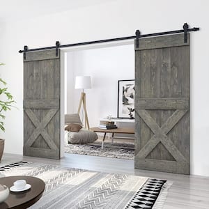 72 in. x 84 in. Mini X Series Weather Gray Stained Solid Pine Wood Interior Double Sliding Barn Door with Hardware Kit