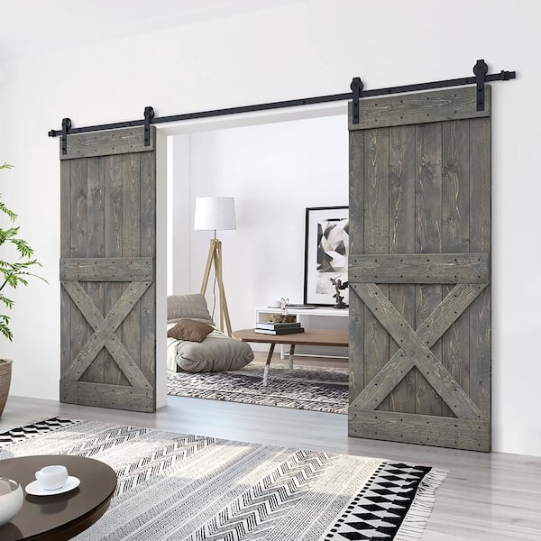 72 in. x 84 in. Mini X Series Weather Gray Stained Solid Pine Wood Interior Double Sliding Barn Door with Hardware Kit