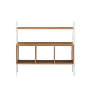 English Oak Wood and Metal Modern Angled Open Storage Console