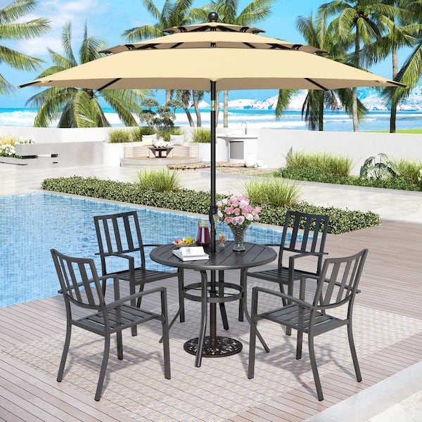PHI VILLA Black 6-Piece Metal Outdoor Patio Dining Set with Slat Round Table and Modern Stackable Chairs