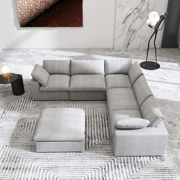 J&E Home 120 in. Square Arm L Shaped Linen 7-Seat Deep Seat 6-Piece Sectional Sofa Gray for Living Room and Spacious Space