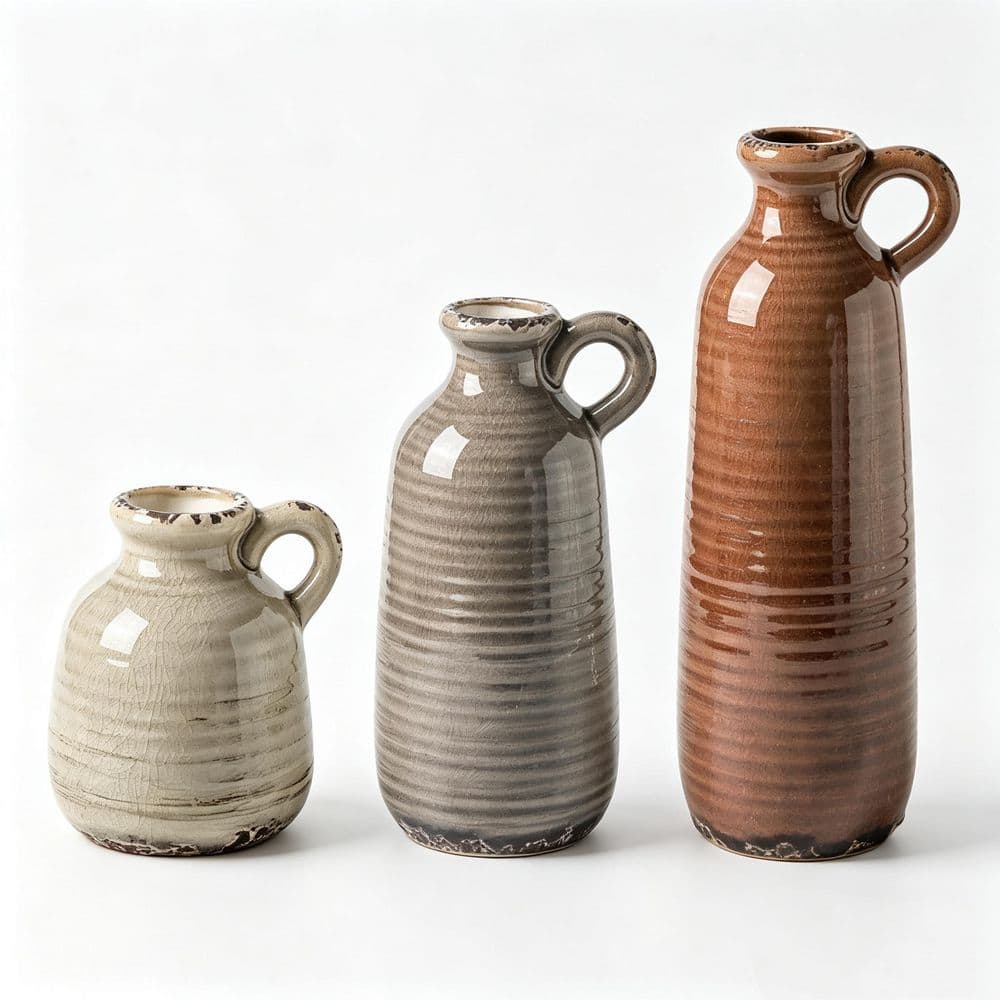 3-Piece Bath Accessory Set in Brown, Neutral Rustic Farmhouse Ceramic Vase Set with Handles, Modern Boho Tabletop Decor price history on PriceWatchPro