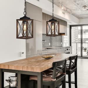 60-Watt 1-Light Adjustable Pipes Pendant Light with Bronze Wooden Grain Shade, No Bulbs Included