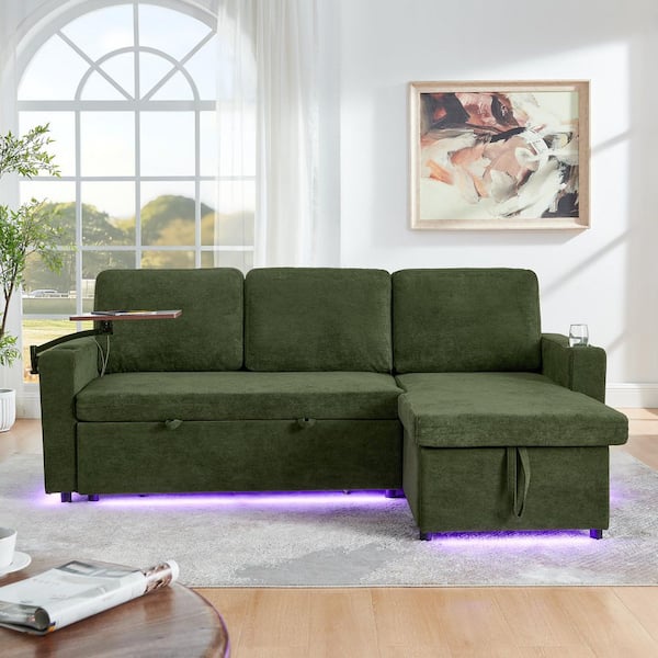 Xuanlur Modern 85 in. Green Chenille 3-Seater Sofa Bed，Retractable Table and LED Lighting, USB Charging Ports and Cup Holders