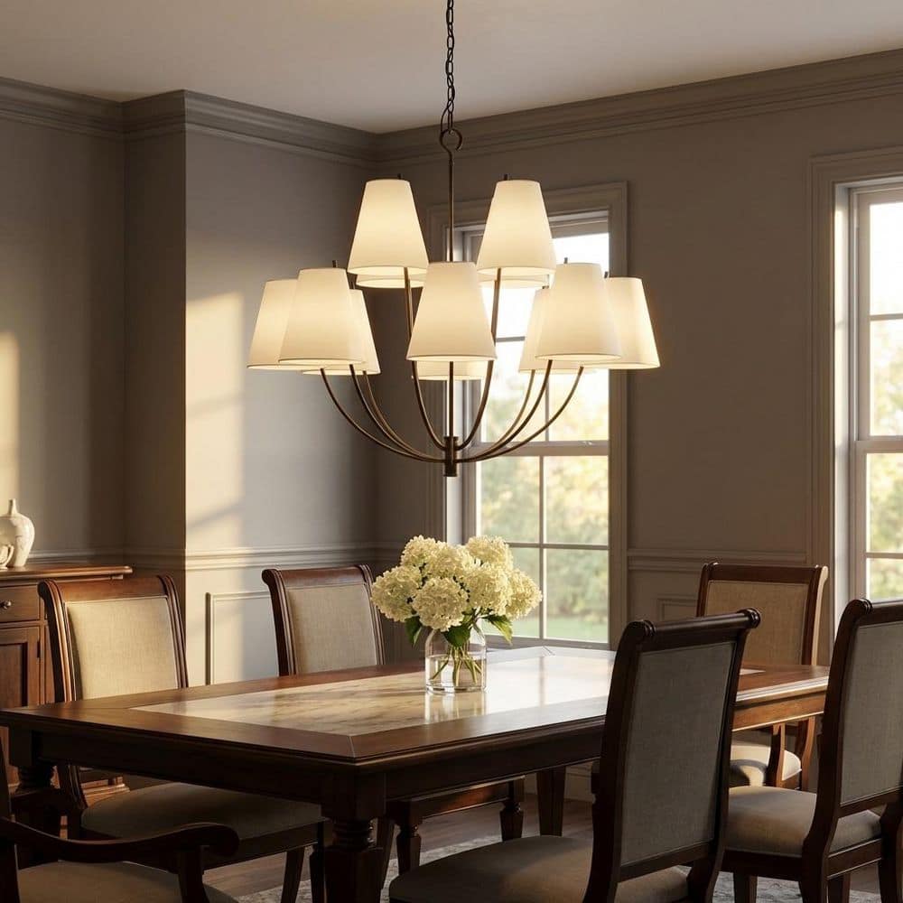 Marina 40 in. W x 34 in. H 12-Light Aged Iron/Black Traditional Dimmable Chandelier with White Linen Fabric Shades price history on PriceWatchPro