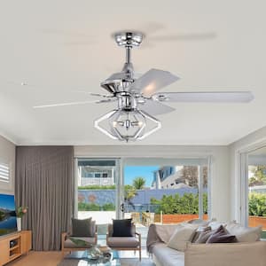 52 in. Indoor Chrome Ceiling Fan with Light, Remote and Dual Wood 5 Blades