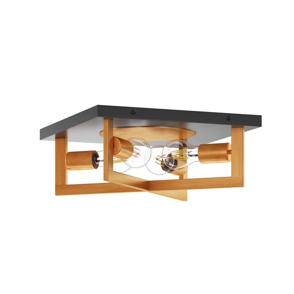 14.17 in. 4-Light Black and Gold Farmhouse Square Flush Mount Industrial Vi