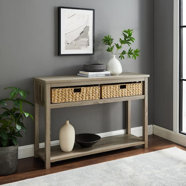 2 Pvc Rattan Baskets, Mission Style Console Table With 2 Drawers