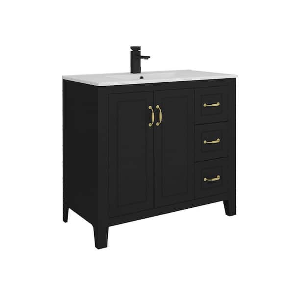 36 in. Bathroom Vanity w/ Sink Combo, Single Sink, 3-Drawers and 2-Soft Close Doors, Freestanding, Ceramic Sink, Black