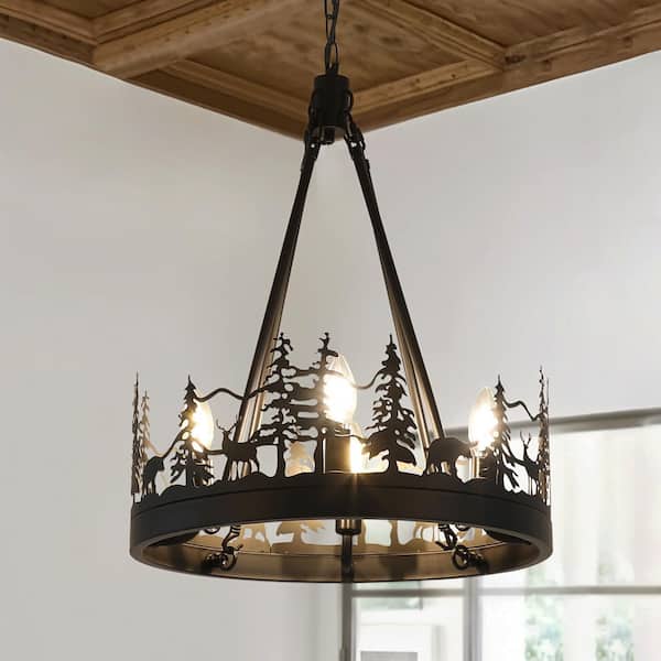 4-Light Black Ambient Rustic Chandelier Wagon Wheel Farmhouse Chandelier for Dining Living Room Foyer