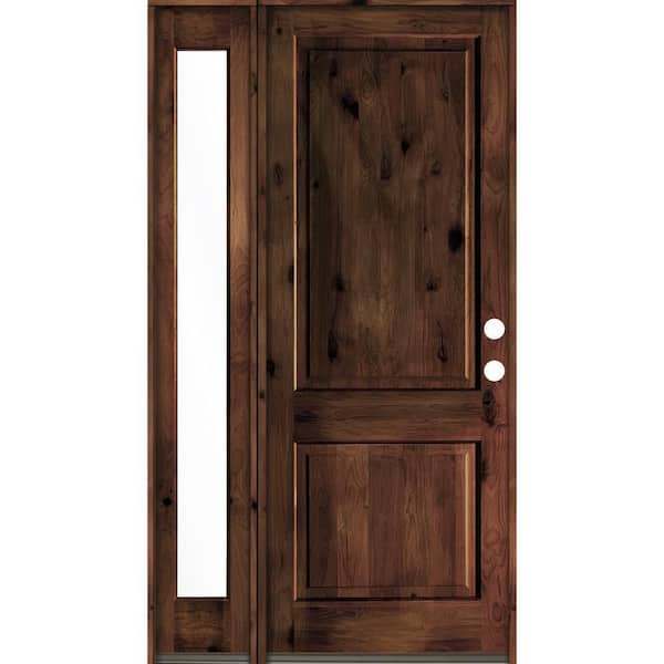 Krosswood Doors 50 in. x 96 in. Rustic knotty alder Left-Hand/Inswing Clear Glass Red Mahogany Stain Wood Prehung Front Door w/Sidelite