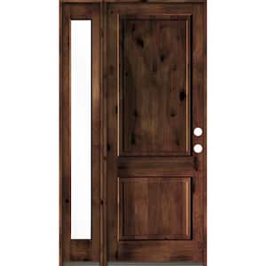 56 in. x 96 in. Rustic knotty alder Left-Hand/Inswing Clear Glass Red Mahogany Stain Wood Prehung Front Door w/Sidelite