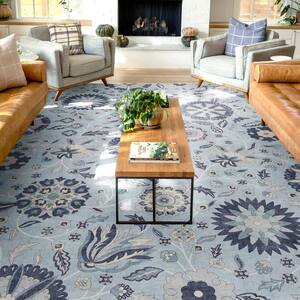 Light Blue 7 ft. 10 in. x 9 ft. 10 in. Flat-Weave Kings Court Charlotte Transitional Floral Area Rug