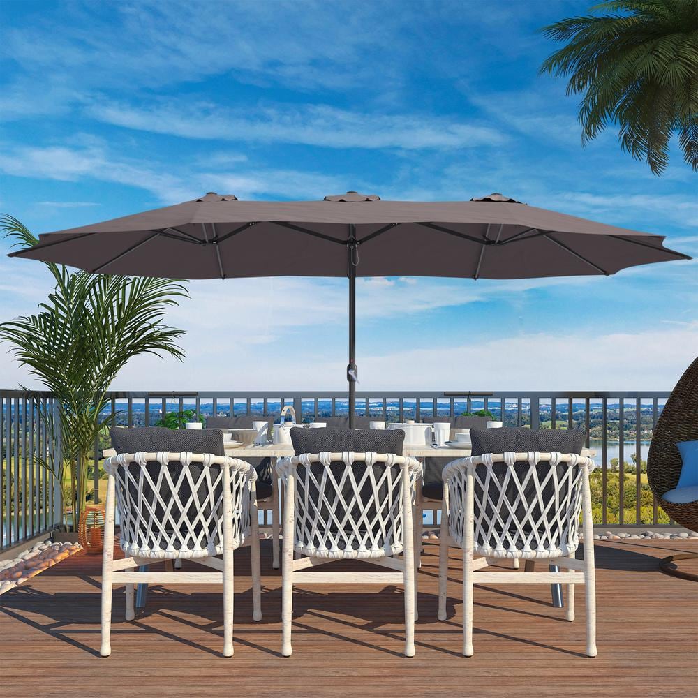 15 ft. Brown Aluminum Market Patio Umbrella with Stand