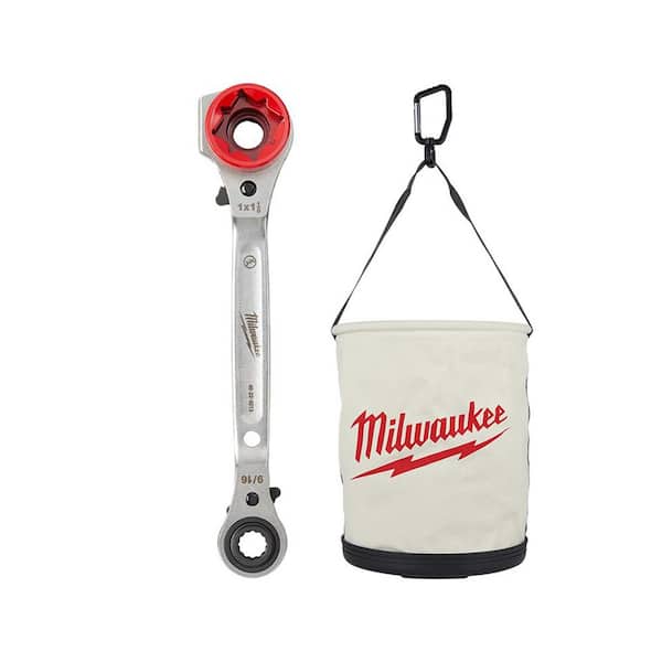 Milwaukee Linemans 5-in-1 Ratcheting Wrench with 12 in. Canvas Utility Bucket Tool Bag (2-Piece)