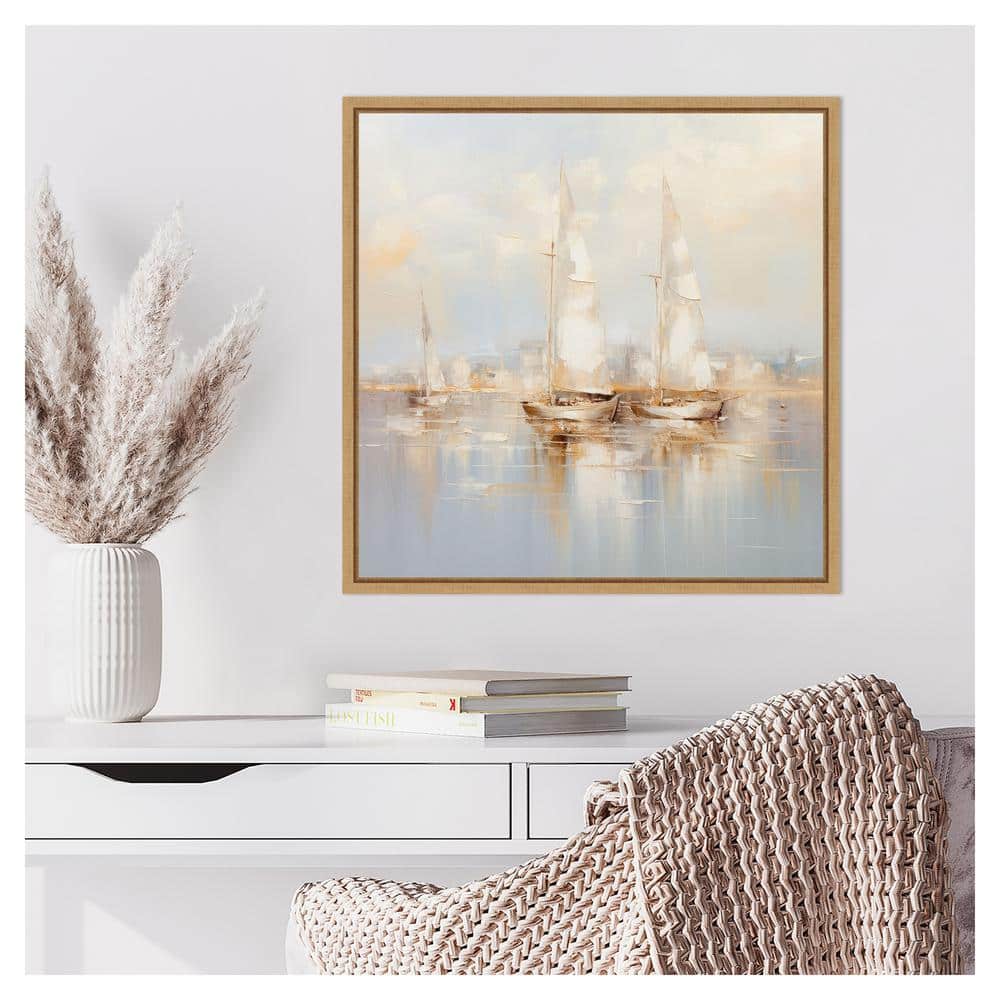 Gold Boats II Abstract Seascape Canvas with Maple Frame