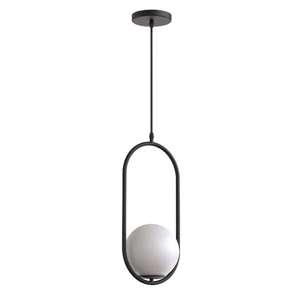 Emeritpro 74.8 in. 1-Light Modern Black Pendant Light with Circular Ring Design and White Global Glass Shade E12 No Bulb Included