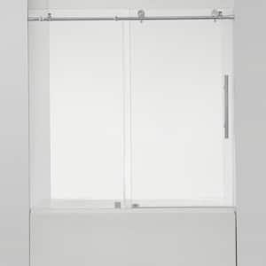Villena 60 in. W x 58 in. H Single Sliding Frameless Tub Door in Brushed Nickel with Clear Glass